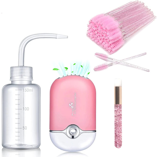 AREMOD Eyelash Extension Supplies with USB Air Conditioning Blower Lash Fan 50 Lash Shampoo Brush 1 Nose Blackhead Facial Cleaning Brush 1 Plastic Wash Bottle(Pink)