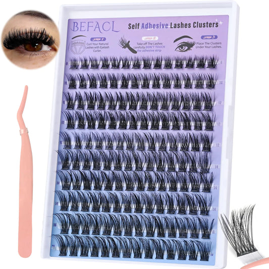 Self Adhesive Eyelashes Clusters Press on Lash Clusters Wispy Lash Extensions No Glue Needed Lashes Clusters Natural Cluster Eyelash Extensions Kit with Tweezers (8-16mmC Curl)