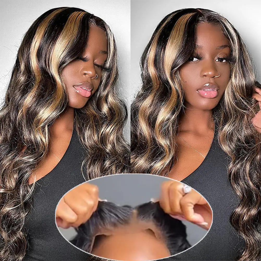 5x5 Hd Lace Closure Wigs Human Hair Wear and Go Glueless Wigs Human Hair Pre Plucked Pre Cut 180% Density 1B/27 Body Wave Highlight Lace Front Wigs Human Hair Ready to Wear No Glue Wigs 32 Inch