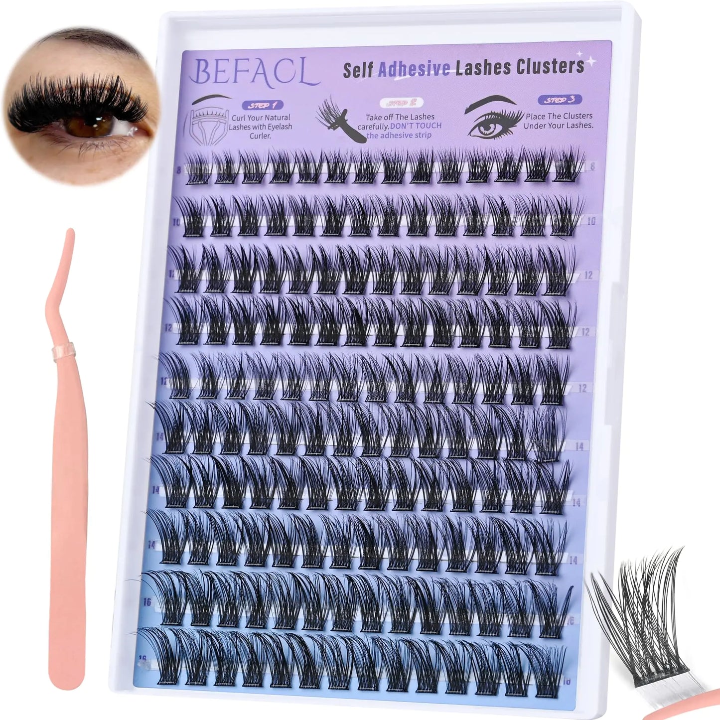 Self Adhesive Eyelashes Clusters Press on Lash Clusters Wispy Lash Extensions No Glue Needed Lashes Clusters Natural Cluster Eyelash Extensions Kit with Tweezers (8-16mmC Curl)