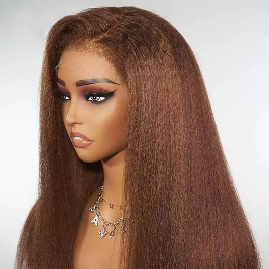 4C Kinky Edges Brown Kinky Straight Wigs Human Hair Pre Plucked HD Transparent Deep Pating 13X6 Lace Front Wigs Human Hair Chestnut Brown Yaki Straight Brazilian Remy Hair Glueless Wigs 150% Density