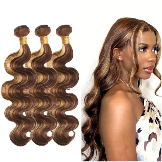 P4/27 Body Wave Highlight Bundles Brazilian Remy Human Hair Bundles P4/27 Tow Tone Bundles Honey Blonde Highlight Hair Bundles Hair Weave Double Weft 8A Grade Hair Bundle 14 16 18 Inch