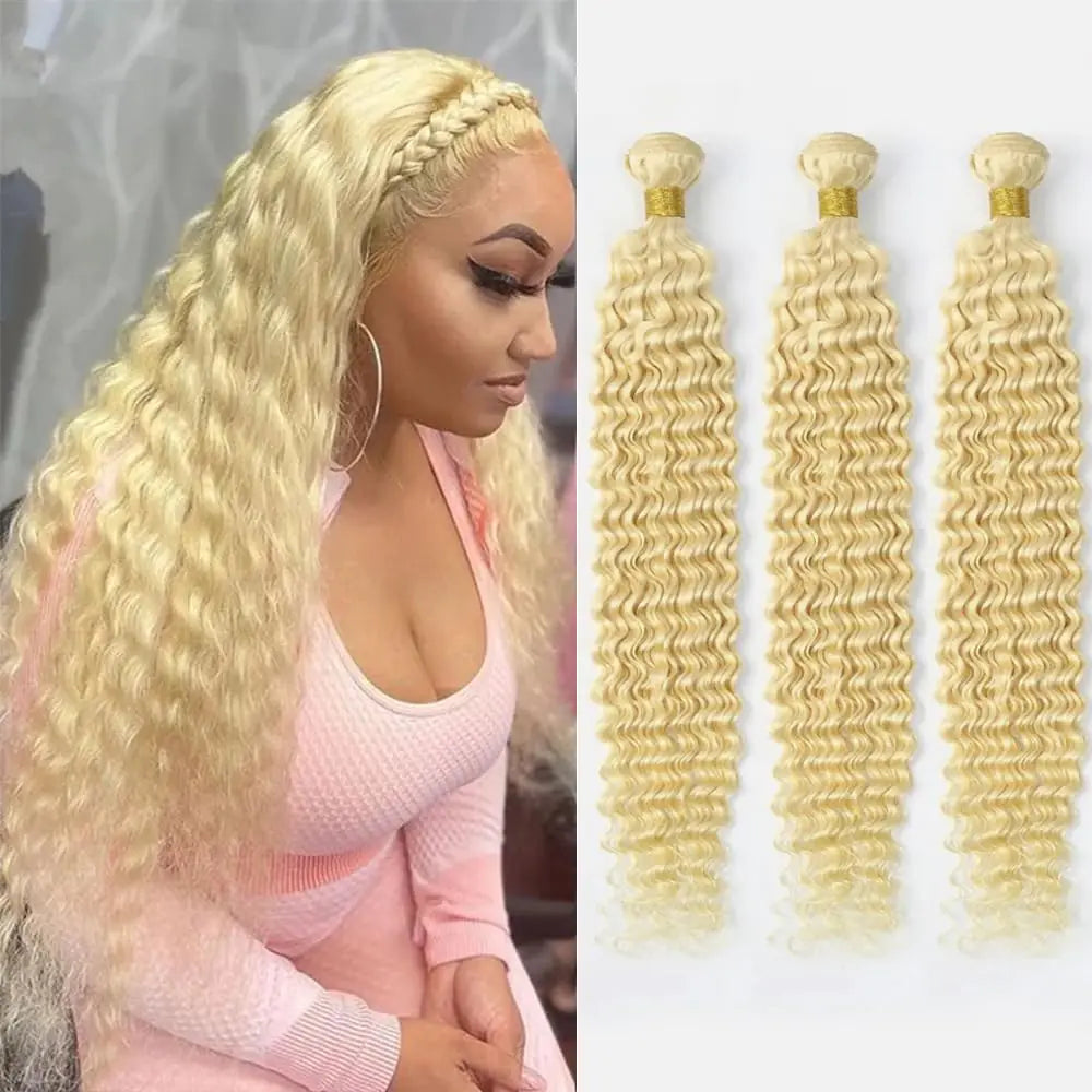 613 Human Hair Bundles Blonde Deep Wave Human Hair Bundles 10 12 14 inch Brazilian Virgin Remy Hair Extensions Double Weft Blonde Human Hair Bundles 613 Deep Wave Human Hair 3 Bundles