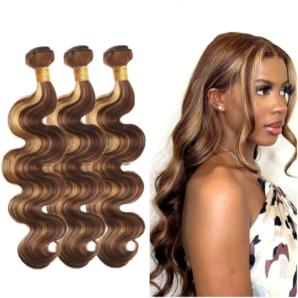 P4/27 Body Wave Highlight Bundles Brazilian Remy Human Hair Bundles P4/27 Tow Tone Bundles Honey Blonde Highlight Hair Bundles Hair Weave Double Weft 8A Grade Hair Bundle 14 16 18 Inch